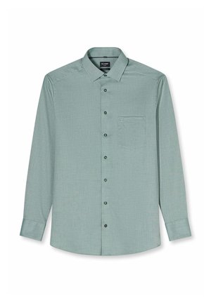 Herrenlangarmhemd mit Knopfleiste in gedämpftem Grün, mit Brusttasche vorne und klassischem Kragen, taillierte Passform.