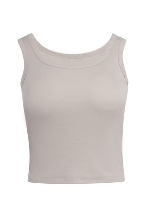 Ærmeløs beige croppet tanktop med bred scoop-halsudskæring og ribstrikket stoftekstur.