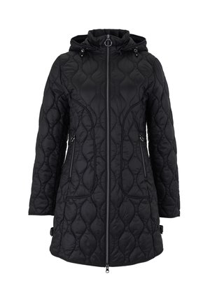 Black quilted jacket with a hood, featuring a front zipper, two zippered side pockets, and textured wavy stitching design.