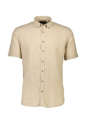 Korte mouwen overhemd met knopen, gemaakt van beige linnen. Kenmerkt zich door een gespreide kraag, knopen aan de voorkant en een rechte onderrand. Geen patronen of accenten.
