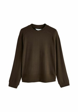 Brązowy sweatshirt z okrągłym dekoltem i raglanowymi rękawami, z ribbowanymi mankietami i dołem. Miękka tekstura, luźny krój i minimalistyczny design.