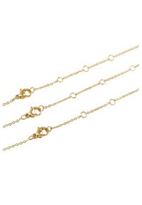 Collana placcata in oro con più punti di collegamento, contrassegnata da accenti tondi e chiusure a gancio, con texture e design uniformi in tutto il gioiello.