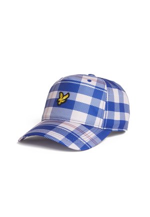 Casquette de baseball à carreaux bleu et blanc avec une visière courbée et un petit logo oiseau jaune sur le panneau avant.