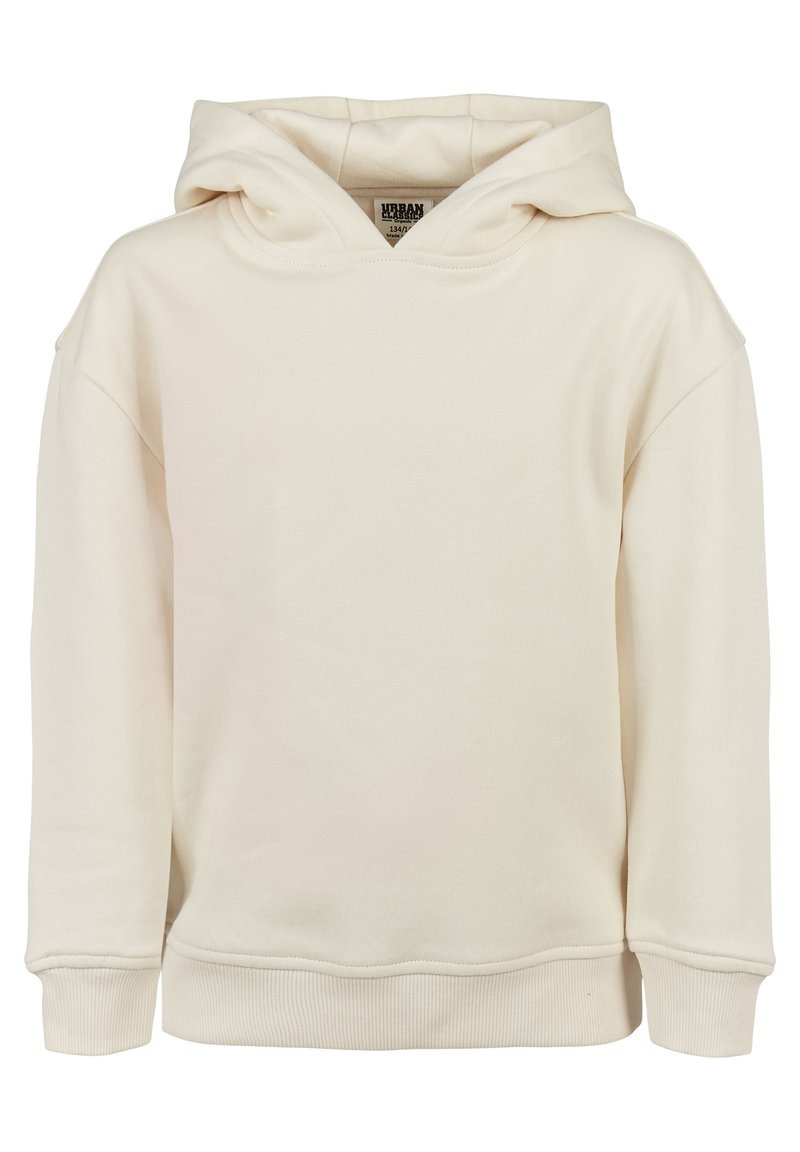 Lys kremfarget sweatshirt med hette laget av myk stoff, med stor hette, ribbestrikkede mansjetter og rett kant uten lommer eller mønstre.