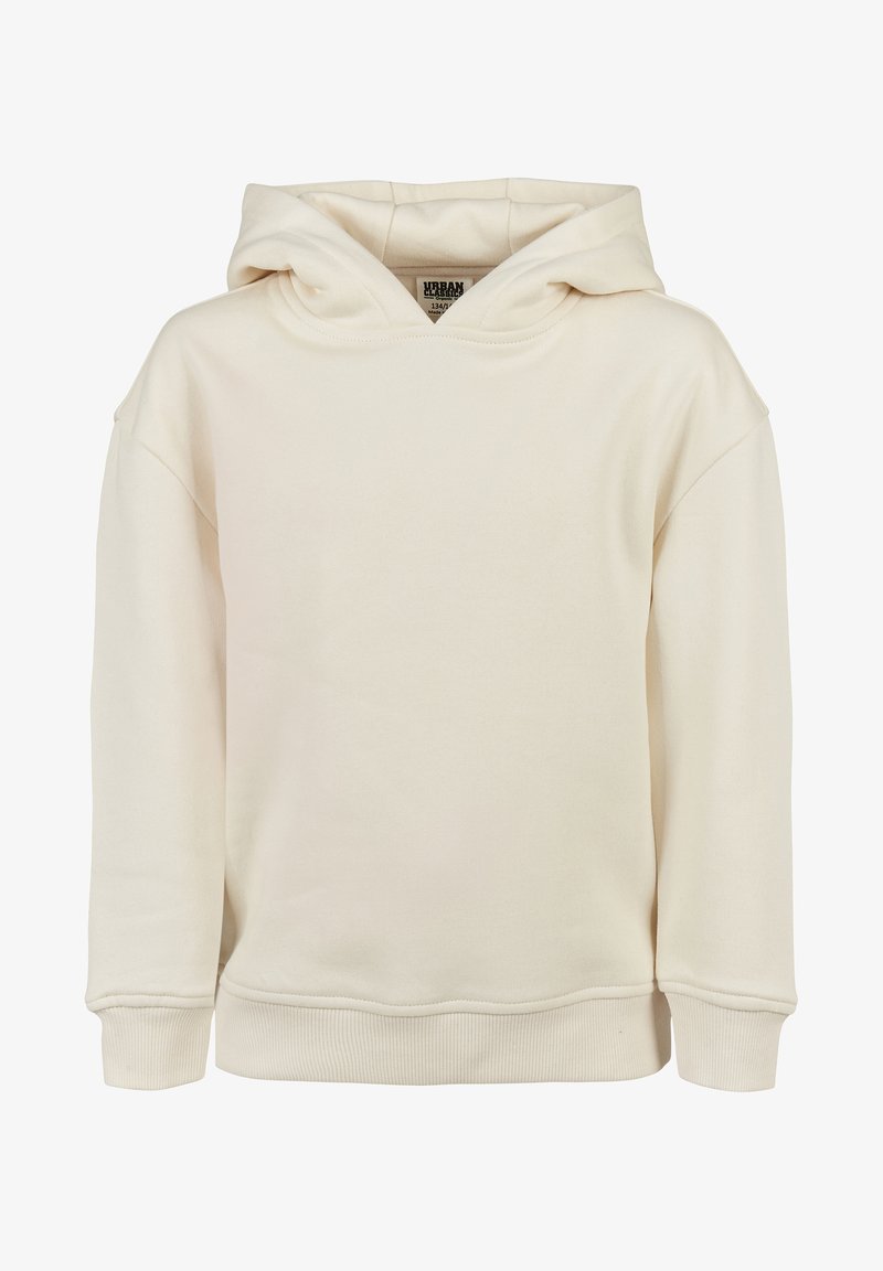 Sweat à capuche crème clair en tissu doux, avec une grande capuche, des poignets côtelés et un ourlet droit, sans poches ni motifs.