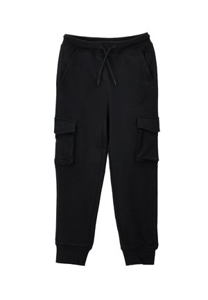 Pantalones jogger cargo negros con cinturilla elástica, cordón, bolsillos laterales con solapa y tobillos con puños, mostrados sobre fondo blanco.