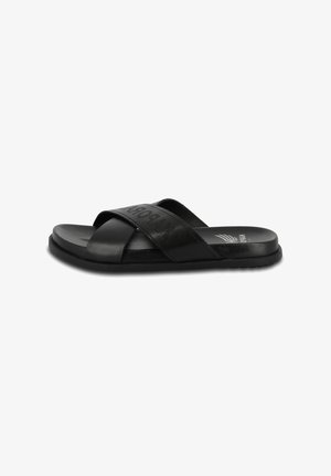 Black slide sandal featuring cross-strap design, made from smooth synthetic material, with textured sole and embossed brand logo.