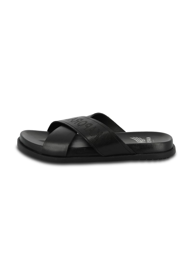Black slide sandal featuring cross-strap design, made from smooth synthetic material, with textured sole and embossed brand logo.