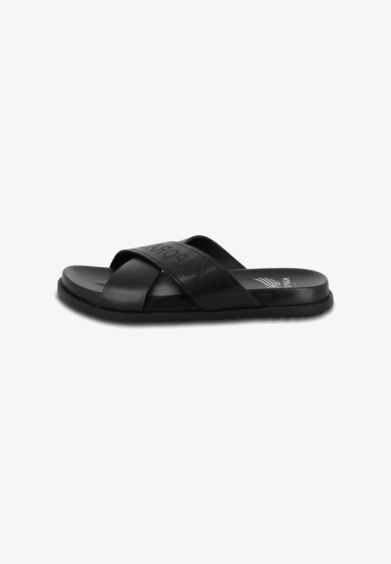 Black slide sandal featuring cross-strap design, made from smooth synthetic material, with textured sole and embossed brand logo.