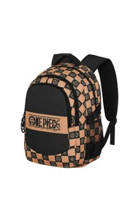 Mochila negra y marrón con un patrón de tablero de ajedrez y el logo de "One Piece". Cuenta con correas ajustables y un compartimento principal con cremallera.