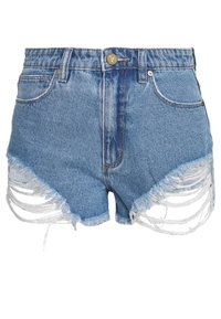Denim shorts in light blue with a distressed finish, featuring frayed hem and cut-out details on both sides. Button closure with front pockets.