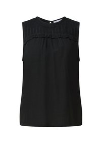 Top senza maniche nero con un pannello superiore testurizzato, dettagli volant sul collo e apertura a chiave sul retro.