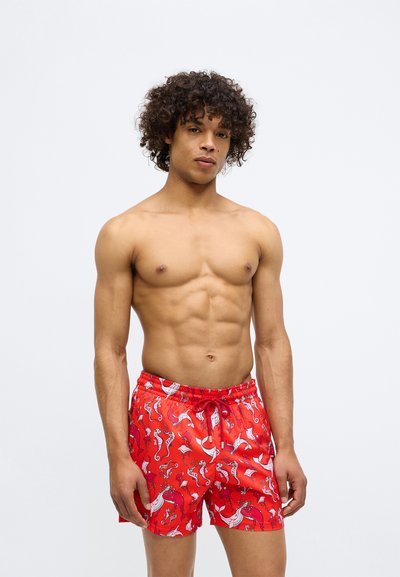 Bezdžemiškas jaunas vyras su garbanotais plaukais, vilkintis raudonus maudymosi šalčius su baltais ir rožiniais jūros gyvių raštais ant vientiso fono.