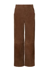 Pantaloni larghi in suede marrone con vita alta, tasche laterali, chiusura frontale con bottone e superficie liscia.