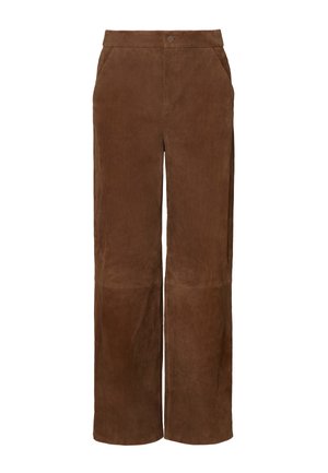 Pantalons large en daim marron avec taille haute, poches latérales, fermeture à bouton sur le devant et texture lisse.