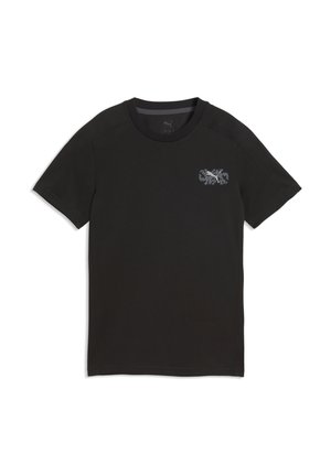 Sort T-shirt med korte ærmer, rund hals og lille gråt Puma-logo og grafik på venstre side af brystet.