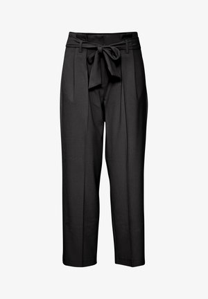 Czarne spodnie o wysokim stanie wykonane z gładkiego materiału, z przodem w kokardkę, plisami i zwężanymi nogawkami.