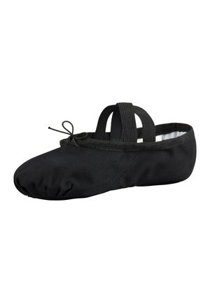 Black ballet shoe made of soft fabric, featuring a rounded toe, elastic straps, and a gathered seam around the opening.