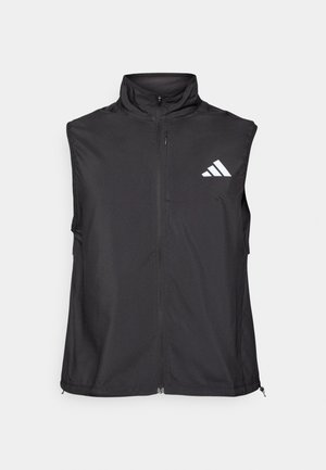 Schwarze ärmellose Weste aus leichtem Stoff, mit hohem Kragen und einem Frontreißverschluss. Mit weißem Adidas-Logo auf der linken Seite.
