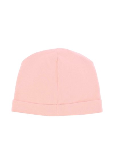 Różowa dziana czapka beanie o miękkiej teksturze, zaokrąglonym szczycie i złożonym mankiecie na dole. Brak widocznych wzorów lub elementów metalowych.