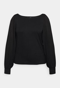 Top nero a maniche lunghe con scollo quadrato. Presenta maniche a palloncino e polsini aderenti. Realizzato in tessuto morbido con una texture liscia.