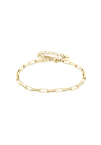 Bracciale color oro caratterizzato da anelli allungati e rettangolari con una brillantezza sottile. Chiusura a catena regolabile con un piccolo charm rotondo.