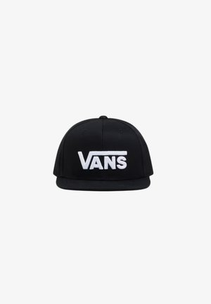 Zwarte snapback pet met platte klep, voorzien van een wit "VANS" logo geborduurd op het voorpaneel.