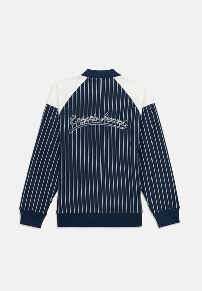 Σκούρο μπλε ναυτικό και λευκό μακρυμάνικο μπουφάν με κάθετες ρίγες και το κείμενο "Emporio Armani" κεντημένο στο πάνω μέρος της πλάτης.