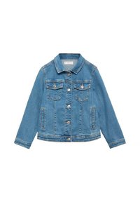 Světle modrá denimová bunda s knoflíkovou přední částí, dvěma náprsními kapsami s klopami, stříbrnými detaily a dlouhými rukávy s klasickým límečkem.