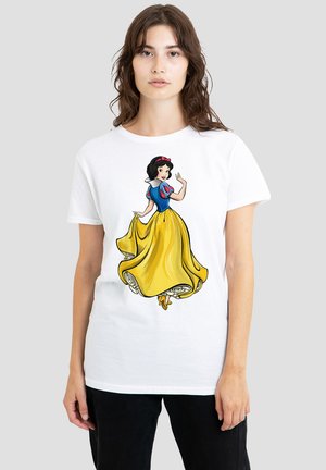 White cotton t-shirt featuring a colorful graphic of a cartoon character in a blue bodice and yellow skirt. Soft texture, crew neck design.
