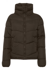 Dunkelbraune Steppjacke mit hohem Kragen, horizontaler Steppung, durchgehendem Reißverschluss und seitlichen Taschen. Weiche, strukturierte Oberfläche.
