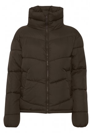 Dunkelbraune Steppjacke mit hohem Kragen, horizontaler Steppung, durchgehendem Reißverschluss und seitlichen Taschen. Weiche, strukturierte Oberfläche.