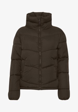 Tummanruskea puhvitakki, jossa on korkea kaulus, vaakasuuntainen tikkiväri, täysipitkä Vetoketju ja sivutaskut. Pehmeä, teksturoitu pinta.