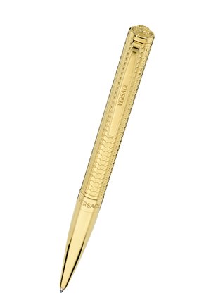 Zelta lodīšu pildspalva ar teksturētu sešstūra dizainu. Aprīkota ar skavu un iegravētu "VERSACE" uz kāta un augšdaļas. Asmenis.