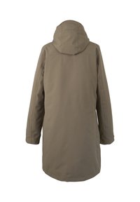 Lang khakifarvet hættetrøje med lange ærmer set bagfra på en hvid baggrund.