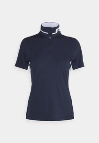 Marineblaues Poloshirt mit hohem Kragen, weißen Akzenten und einer Drei-Knopf-Verschlussleiste. Kurze Ärmel und ein glattes, strukturiertes Gewebe.