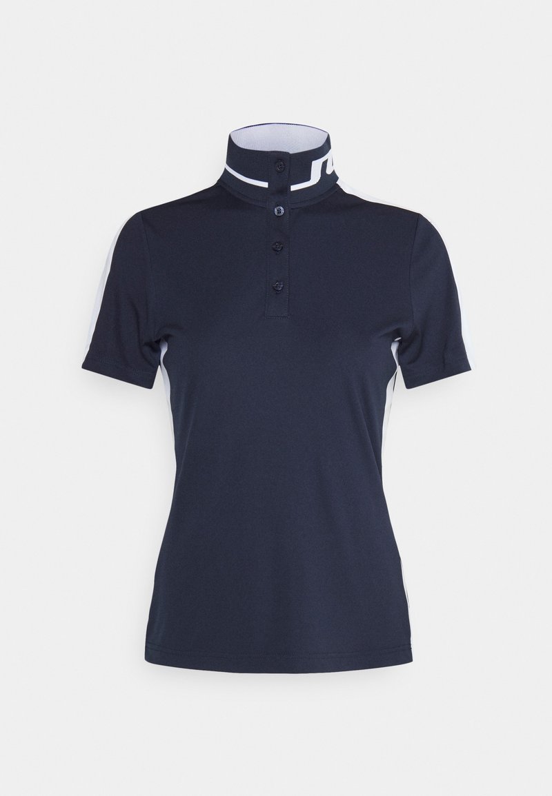 Marineblaues Poloshirt mit hohem Kragen, weißen Akzenten und einer Drei-Knopf-Verschlussleiste. Kurze Ärmel und ein glattes, strukturiertes Gewebe.