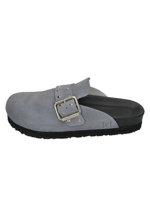 Gray suede clog with a wide strap and silver buckle detail. Black textured sole; slip-on design for easy wear. Smooth inner lining.
