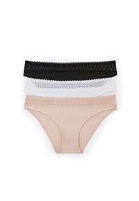 Lot de trois culottes pour femmes en beige, noir et blanc. Chacune présente une taille en dentelle et une texture de tissu lisse.