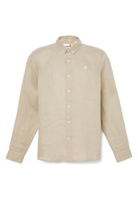 Beige langemouwen shirt van linnen, met een button-down kraag, een frontale knoopsluiting en een klein logo op de borst. Zachte textuur.