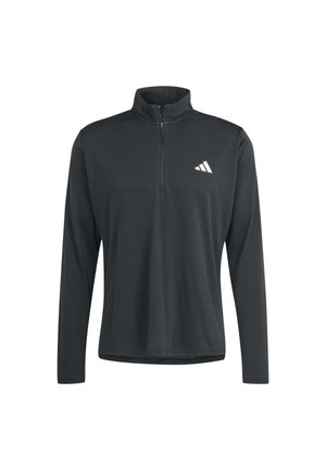 Zwarte long-sleeve pullover met een ritssluiting bij de kraag. Beschikt over een wit logo op de linkerborst. Gemaakt van een soepele, lichte stof.