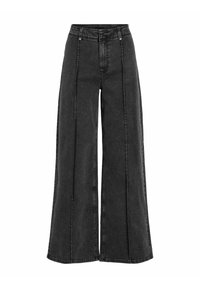 Jeans negros de pierna ancha hechos de mezclilla con cintura alta, con cierre de cremallera, botón y detalles de costura vertical en la parte delantera.