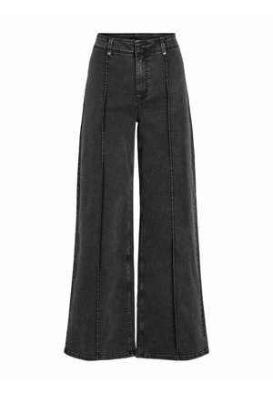 Zwarte wijde denim jeans met een hoge taille, voorzien van een ritssluiting, knoopsluiting en verticale naaddetails aan de voorkant.