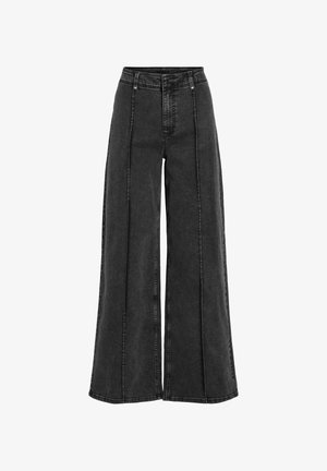 Zwarte wijde denim jeans met een hoge taille, voorzien van een ritssluiting, knoopsluiting en verticale naaddetails aan de voorkant.