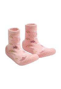 Calcetines rosas para niños con una textura suave, con patrones de arcoíris y estrellas, y puntos de goma en las suelas para mayor tracción.