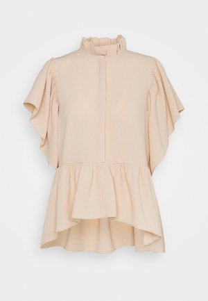 Peach-colored top with a high ruffled neckline, short flared sleeves, and a gathered waist creating a layered peplum effect.