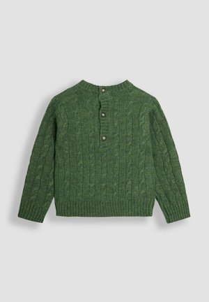 Grüner Kabelstrickpullover mit langen Ärmeln und drei Knöpfen im Nackenbereich auf einem hellgrauen Hintergrund.