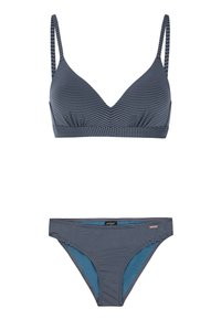 Plavi prugasti bikini s V-izrezom na vrhu i odgovarajućim donjim dijelom u hipster stilu. Mekani materijal s kontrastnom unutarnjom podlogom u čvrstoj plavoj boji.