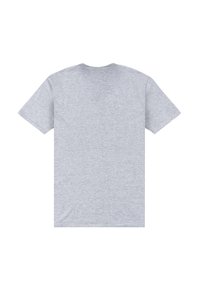 Šedé tričko s krátkým rukávem, vyrobené z měkké bavlněné tkaniny, má kulatý výstřih a hladký zadní díl bez vzorů nebo designů.