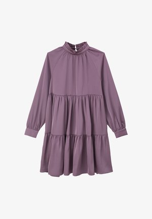 Lavendelfarbenes Kleid mit langen Ärmeln, gerafftem hohen Kragen und gestuftem Design. Hergestellt aus glattem Stoff, mit lockerer Passform und raffinierten Details.
